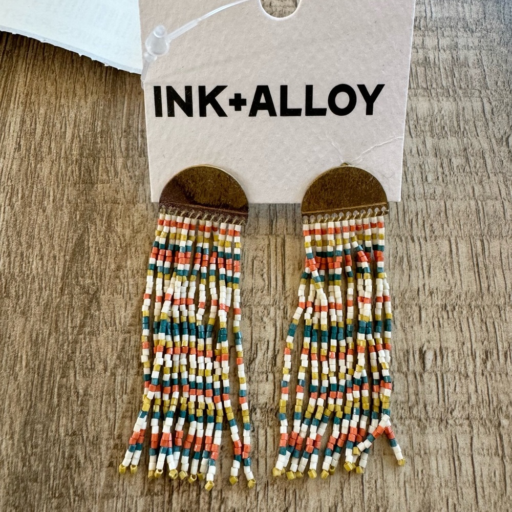 INK+ALLOY Seed Bead Earrings with brass and Rainbow Beaded Fringe